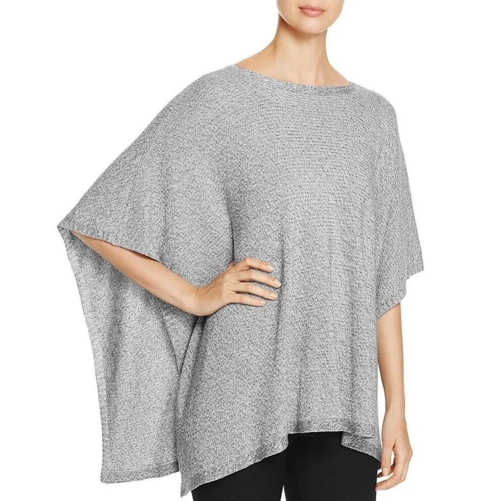 Eileen Fisher Tencel Twist Poncho Heather Gray Knit Size M/L Bateau Neck Boxy